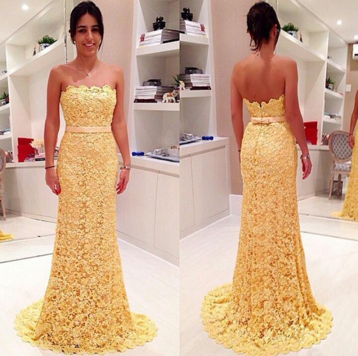 Strapless Yellow Lace Mermaid Long Prom ...