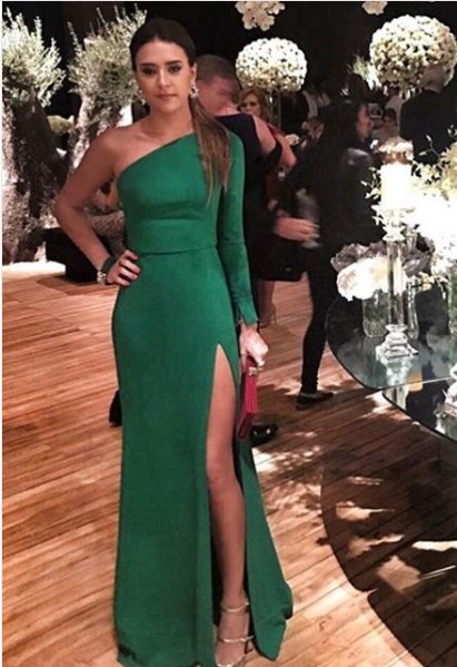 Sheath Green Prom Dress,One Sleeves Evening Party Dress,Sexy Slit Party ...