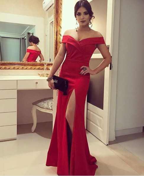 Slit Prom Dress,Red Party Dress,Sexy Off Shoulder Evening Dress,Red ...
